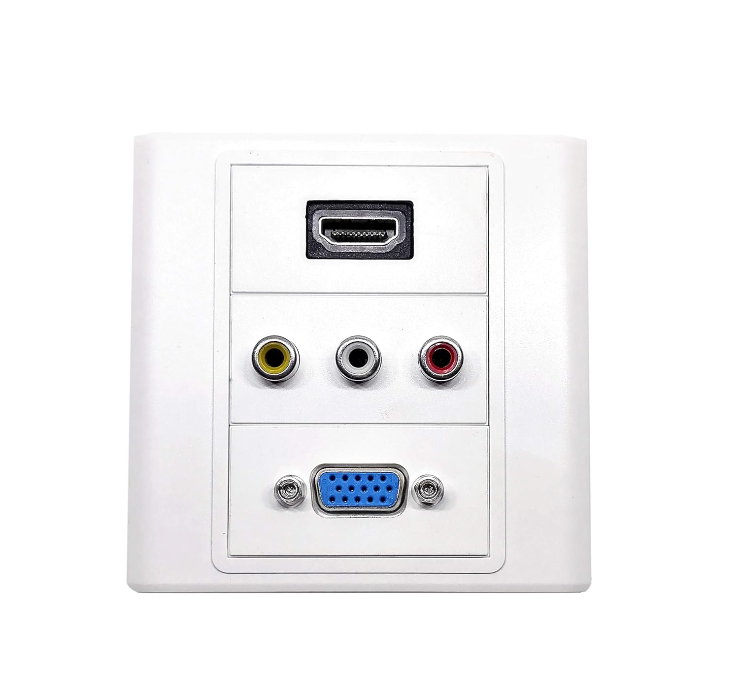 BOXNUBE Multimedia Modular Wall Face Plate with HDMI + VGA + 3RCA (AV) Audio Video Panel Sockets - White BOXNUBE Multimedia Modular Wall Face Plate with HDMI + VGA + 3RCA (AV) Audio Video Panel Sockets - White